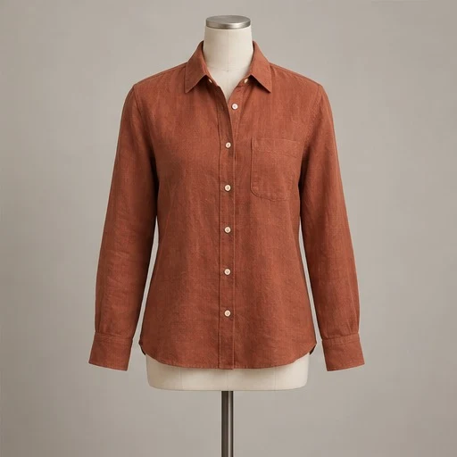AI illustration of a rust linen shirt on a cream tailor mannequin