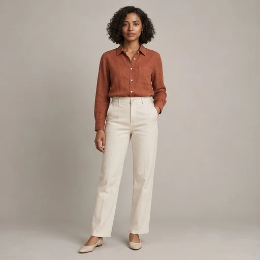 AI illustration of a fictional adult model in a rust shirt and cream trousers